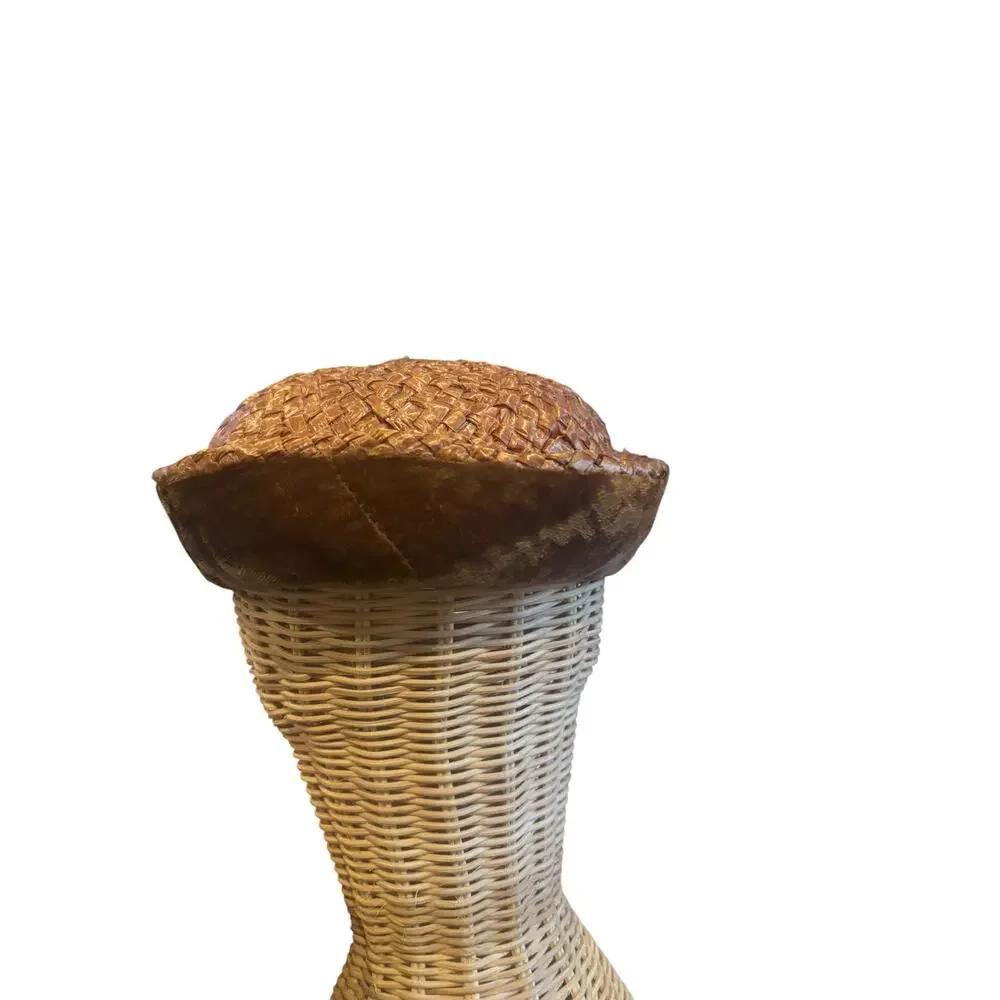 40s Brown Velvet Trim Woven Straw Tilt Hat Cocktail Fascinator Size 22